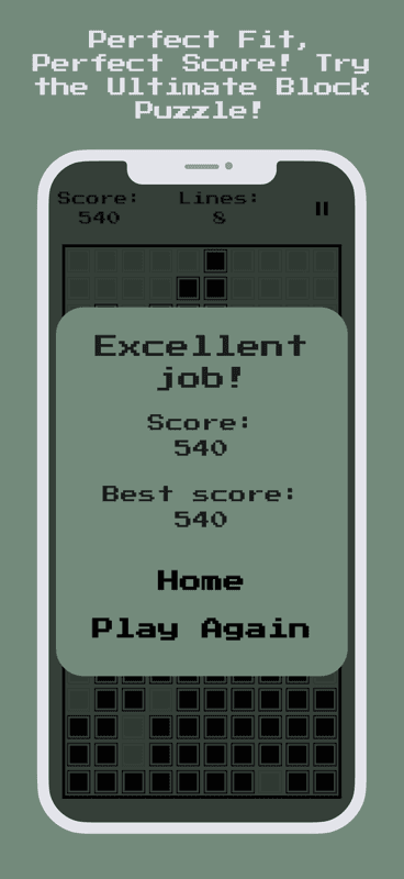 Block Puzzle game over screen showing a new best score and Play Again