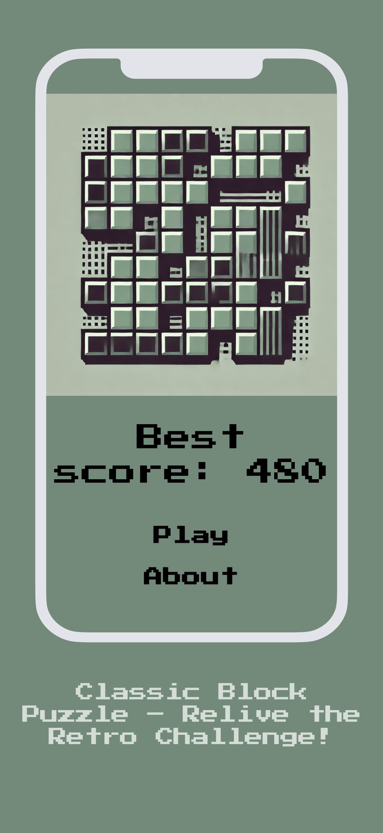 Block Puzzle main menu with the retro icon and a saved best score